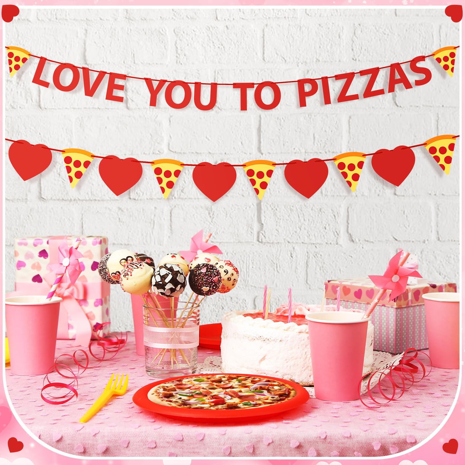 Hoolerry 2 Pcs Valentine's Day Love You to Pizzas Banner Pizza Heart Garland Pizza Party Decorations Supplies for Anniversary Wedding Baby Bridal Shower