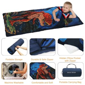 Kids Sleeping Bag, Dinosaur Sleeping Bags for Kids, Slumber Bag with Removable Pillow for Kids Boys Girls, Toddler Sleeping Bags for Daycare Travel Naps and Sleepovers,63" x 30"