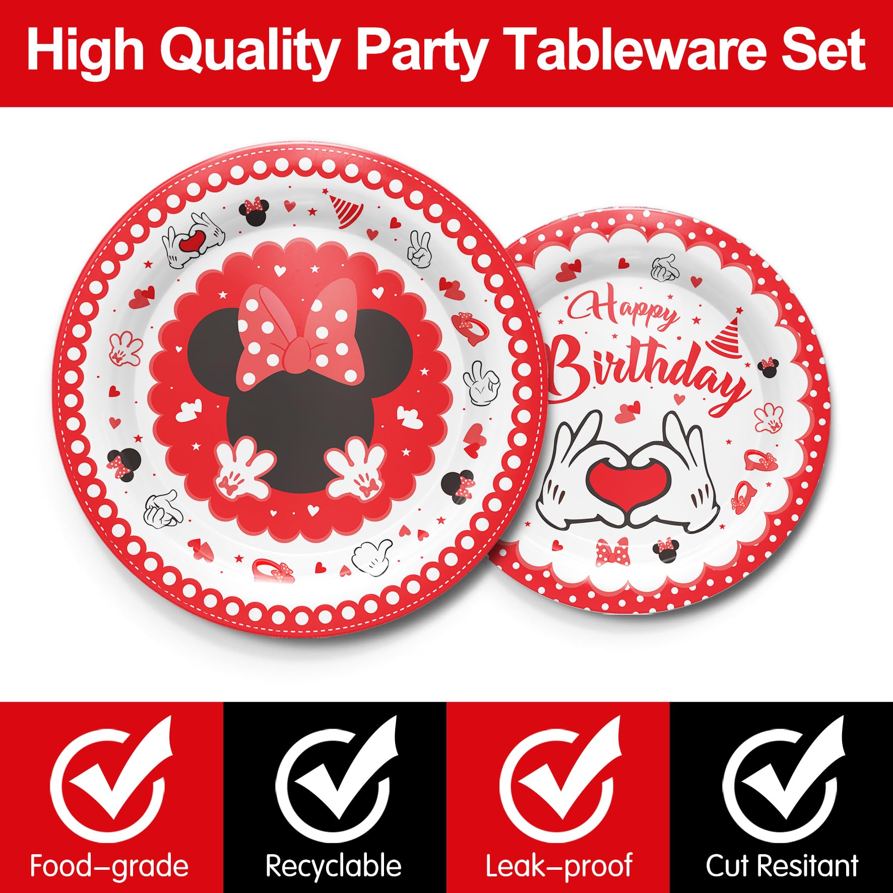 Piooluialy Red Minnie Birthday Party Supplies Tableware - Minnie Themed Party Decorations Include Banner, Dinner Plates, Cups, Napkins, Cutlery, for Minnie Birthday Party Decorations | 24 Guests