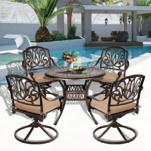 USSerenaY 5-Piece Outdoor Dining Set Cast Aluminum Patio Furniture Set All-Weather 4 Chairs and Dining Table with Umbrella Hole for Garden, Backyard (Swivel Rocker+Khaki Cushion, RoundTable)