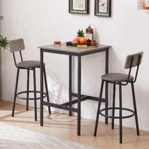 lostcat bar table and chairs set, sqaure bistro table and chairs set of 2 with pu soft seat and backrest, dining table set for small spaces, kitchen and bar, rustic grey