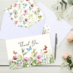 Whaline 20 Pack Wildflower Thank You Cards Bulk Flower Butterfly Greeting Cards with Envelopes and Stickers Spring Floral Blank Note Cards for Birthday Wedding Baby Shower Bridal Shower, 4 x 6 Inch