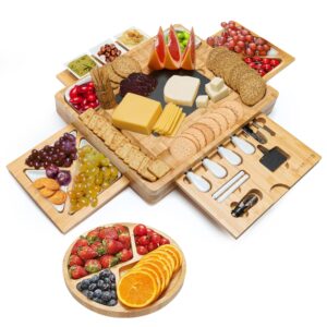 bamboo charcuterie board set of 26 pcs - 16×13×2 inches 4 drawer bamboo board set with fruit tray, ceramic dipping bowls, cutting tools, wine opener, cheese platter accessories (end-grain)