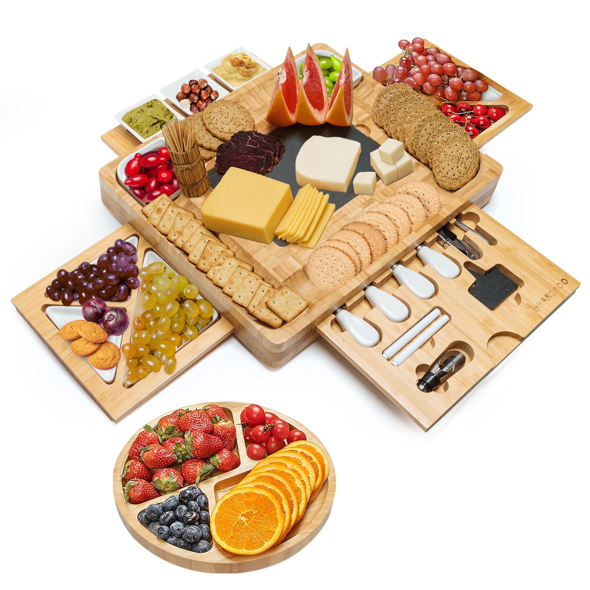 Bamboo Charcuterie Board Set of 26 Pcs - 16×13×2 Inches 4 Drawer Bamboo Board Set with Fruit Tray, Ceramic Dipping Bowls, Cutting Tools, Wine Opener, Cheese Platter Accessories (End-Grain)