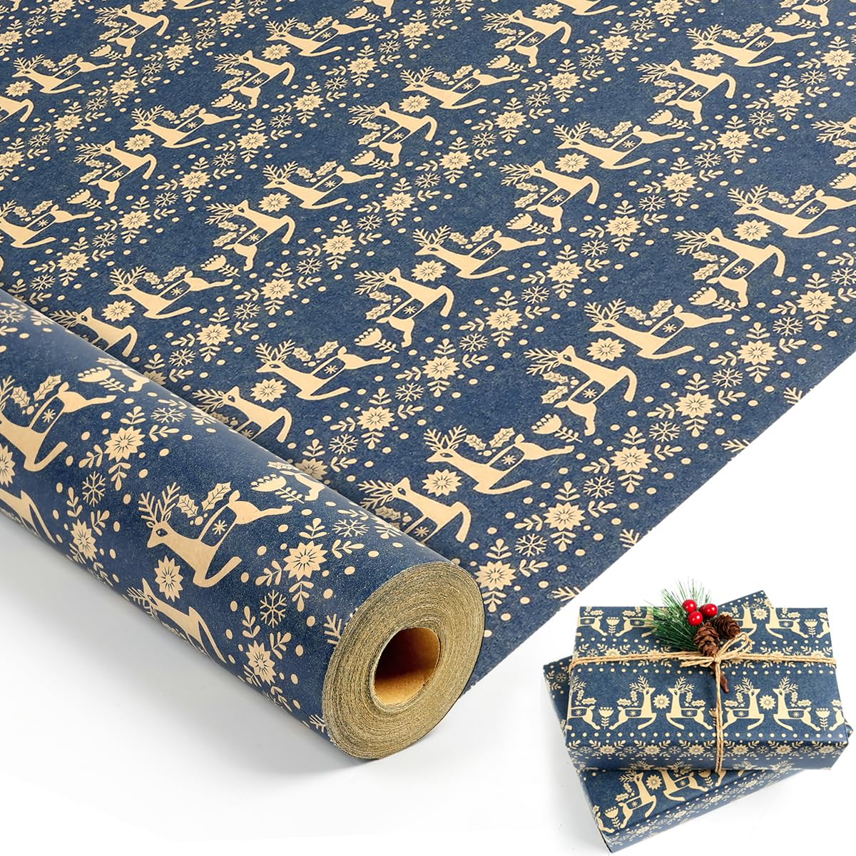 Christmas Wrapping Paper Roll, Navy Blue Kraft Wrapping Paper, 17 Inch x 49 Feet, Snowflake, Xmas Floral and Reindeer Design Gift Wrapping Paper for Xmas New Year Winter Holiday (69.4 sq.ft.ttl)