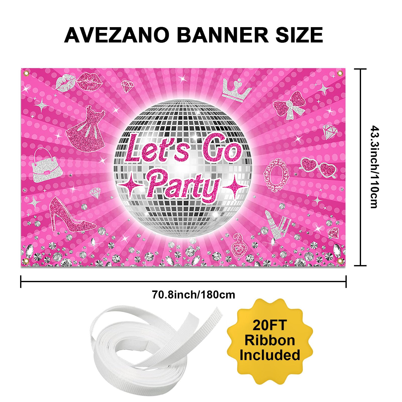 Avezano Let's Go Party Banner Princess Theme Birthday Backdrop Hot Pink Bridal Shower Bachelorette Background for Girls Women Disco Birthday Party Supplies Banner 70.8x43.3