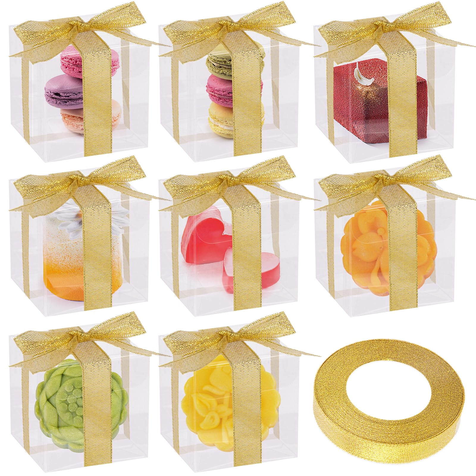 VGOODALL 25PCS Clear Favor Boxes with Ribbon, 2inch Transparent Cube PET Boxes Small Gift Boxes for Wedding, Bridal Shower, Baby Shower, Christmas Party