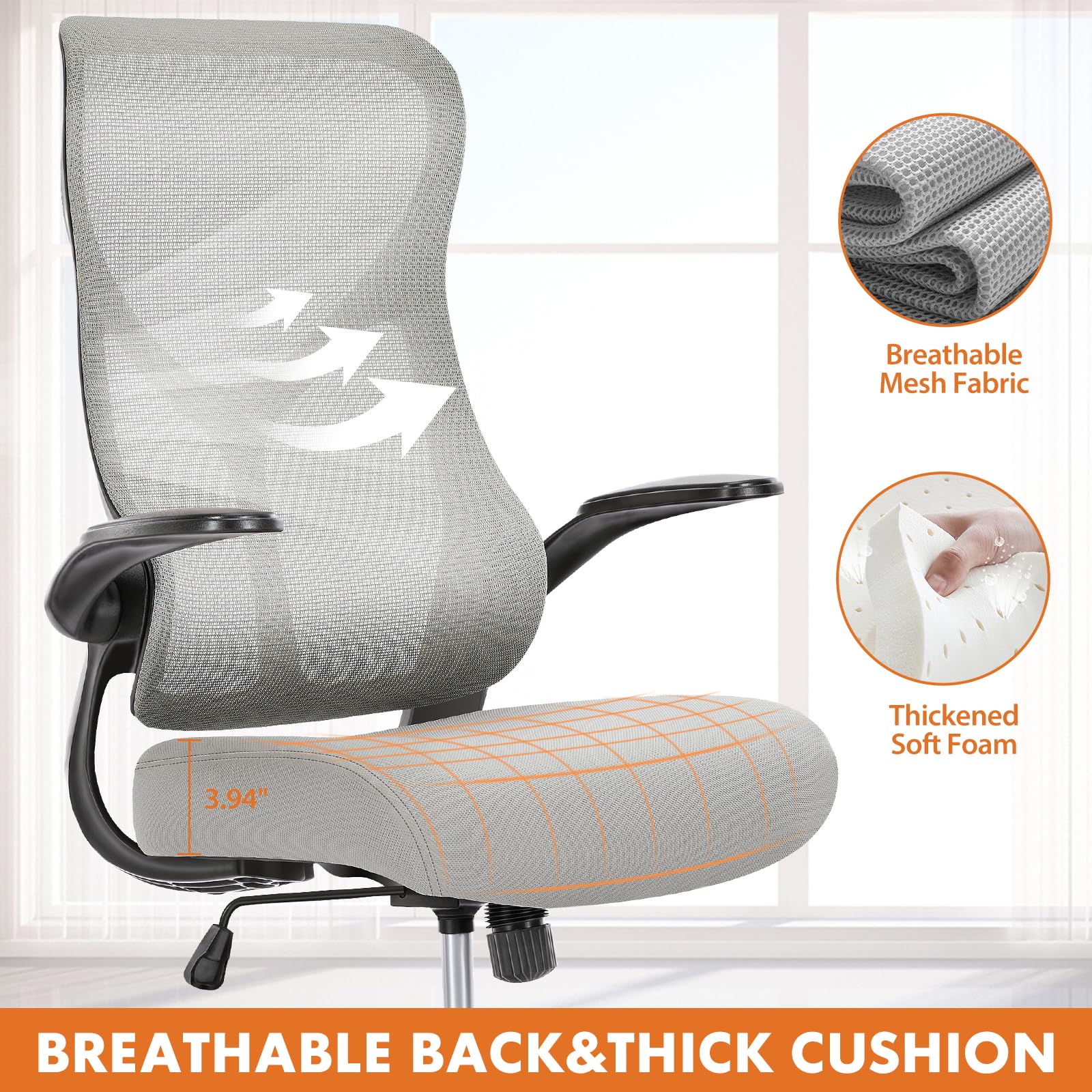 Sweetcrispy Ergonomic Office Desk Computer Chair, Comfy High Back Swivel Rolling Home Mesh Gaming Chairs with Wheels, Lumbar Support, Flip-up Arms,120°tilt for Bedroom, Study, Work, Grey