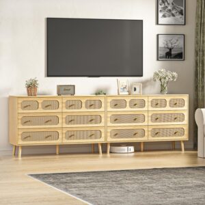 HOUROM Rattan Dresser for Bedroom, Modern 6 Drawer Double Dresser with Gold Handles, Natural Wood Storage Dressers & Chests of Drawers, 6 Drawer Dressers