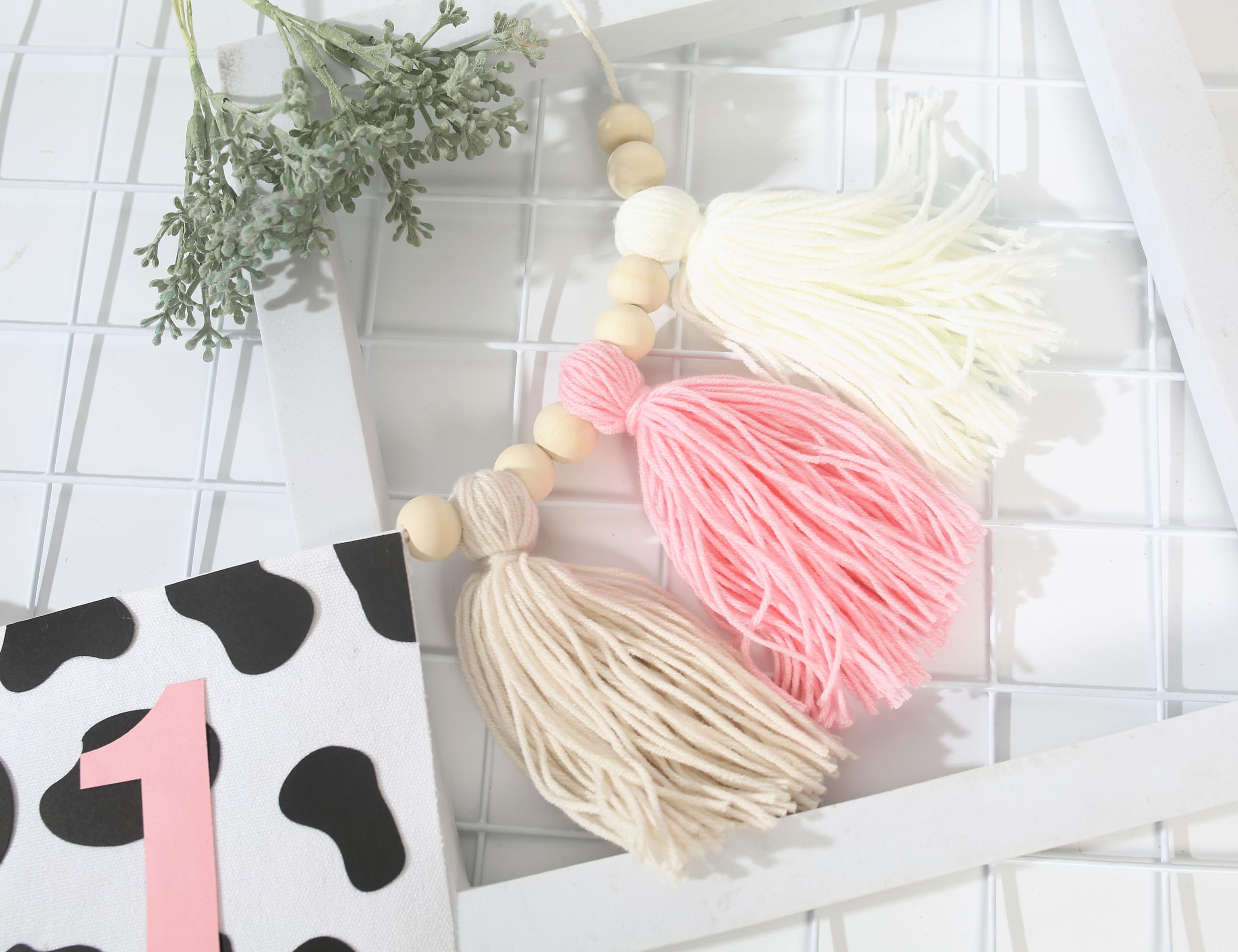 Holy Cow 1st Tassels Banner Birthday Decorations Girl - First Highchair Tassels Banner, High Chair Tassels Wood Beads Garland Party Supplies, Pink Black White, Photo Props, Handmade