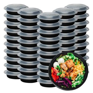 klex meal prep containers with airtight lids, bpa free, reusable plastic food container, 12 oz, round, black/clear, 50 sets