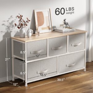 Pipishell Fabric Dresser, Dresser for Bedroom with 5 Drawers, Wide Dresser Storage Tower Organizer Unit with Wood Top and Easy Pull Handle for Closets, Living Room, Nursery Room, Hallway（Light Grey）