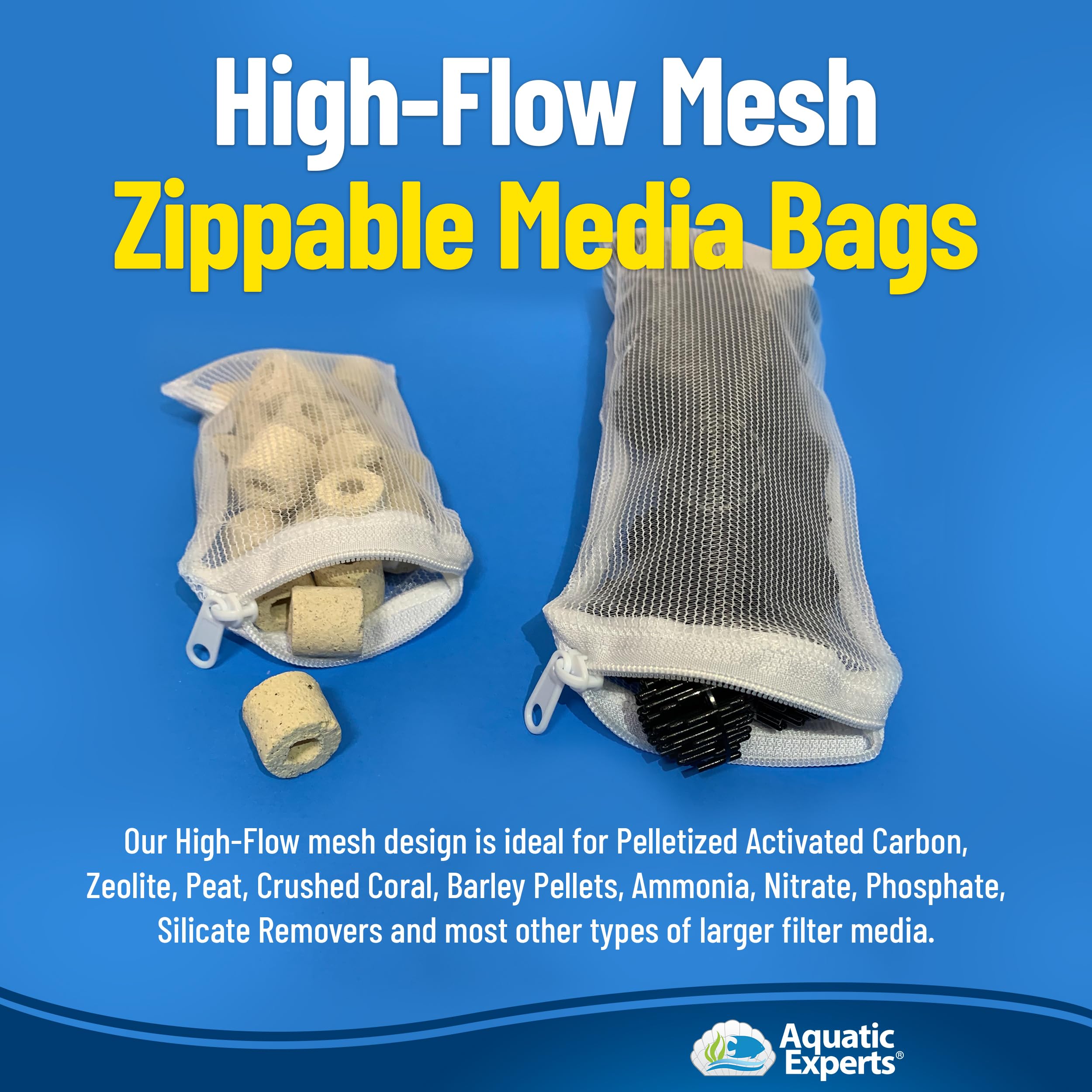 Aquatic Experts High Flow Filter Media Bag - Durable Filter Bags for Fish Tank, Secure Aquarium Media Bag with Drawstring, Media Bags for Aquarium and Pond, High Flow (Zipper), 3” x 4” – 4 Pack