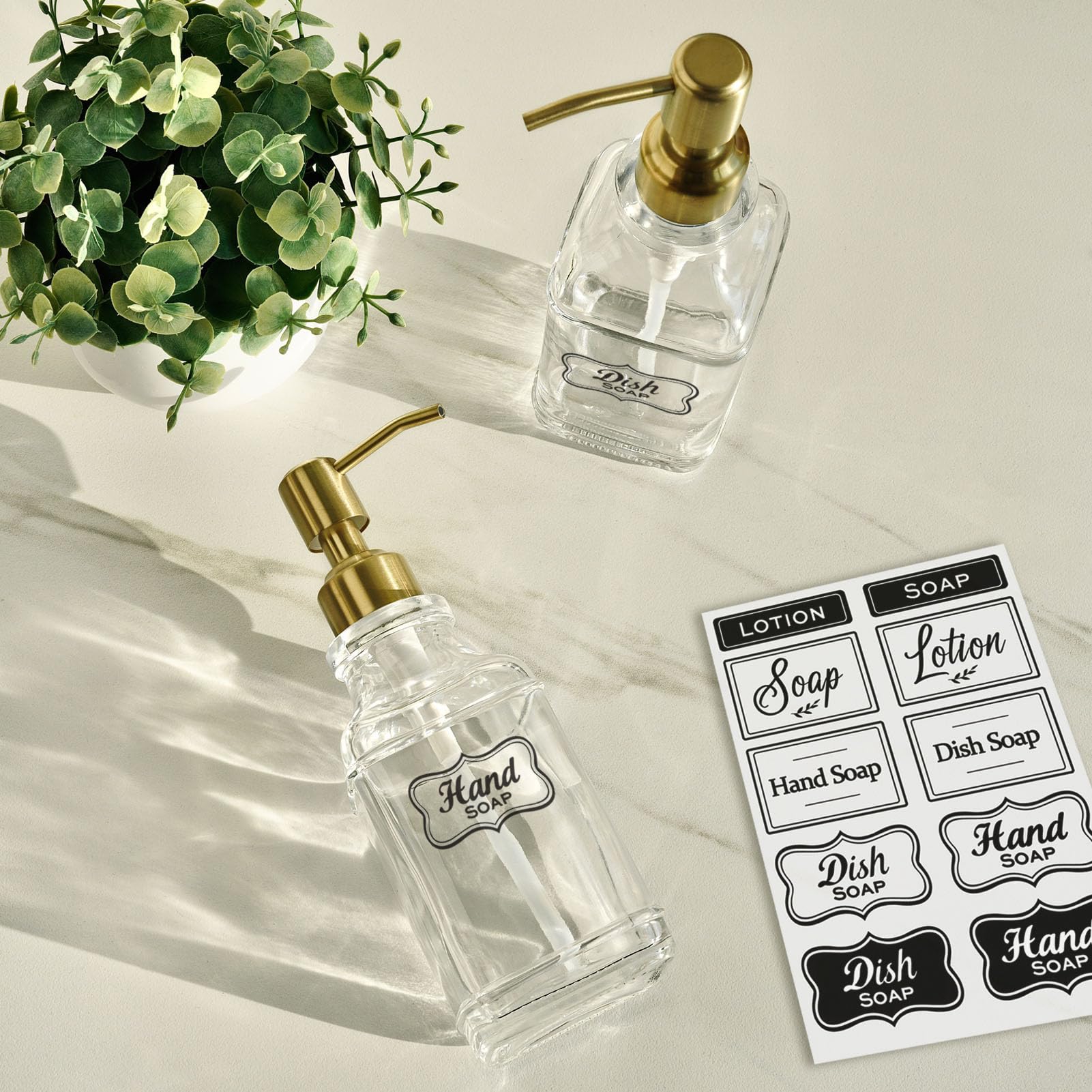 JASAI Antique Square Glass Soap Dispenser with Golden Rust Proof Pump, Refillable Soap Dispenser with 10Pcs Stickers for Kitchen, Dish Soap Dispenser for Kitchen Bathroom Soap, Hand soap, Lotion.