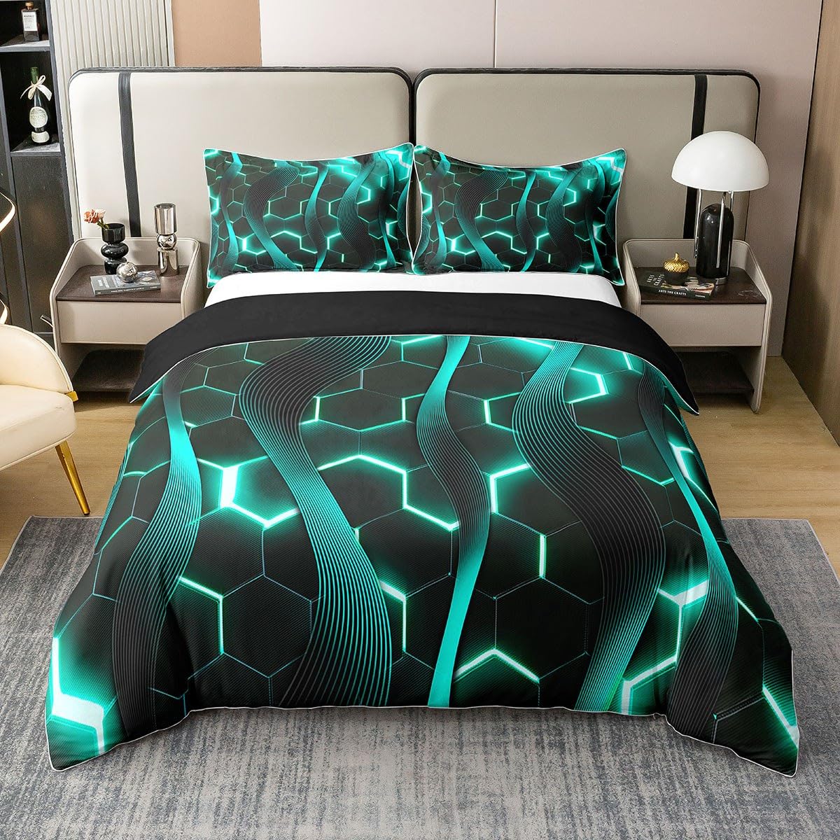 100% Cotton Teal Wavy Lines Bedding Set,Honeycomb Geomeric Stripes Duvet Cover Twin,Ombre Neon Lights Geometry Comforter Cover,Modern Style Quilt Cover with 1 Pillow Sham Reversible Home Room Decor