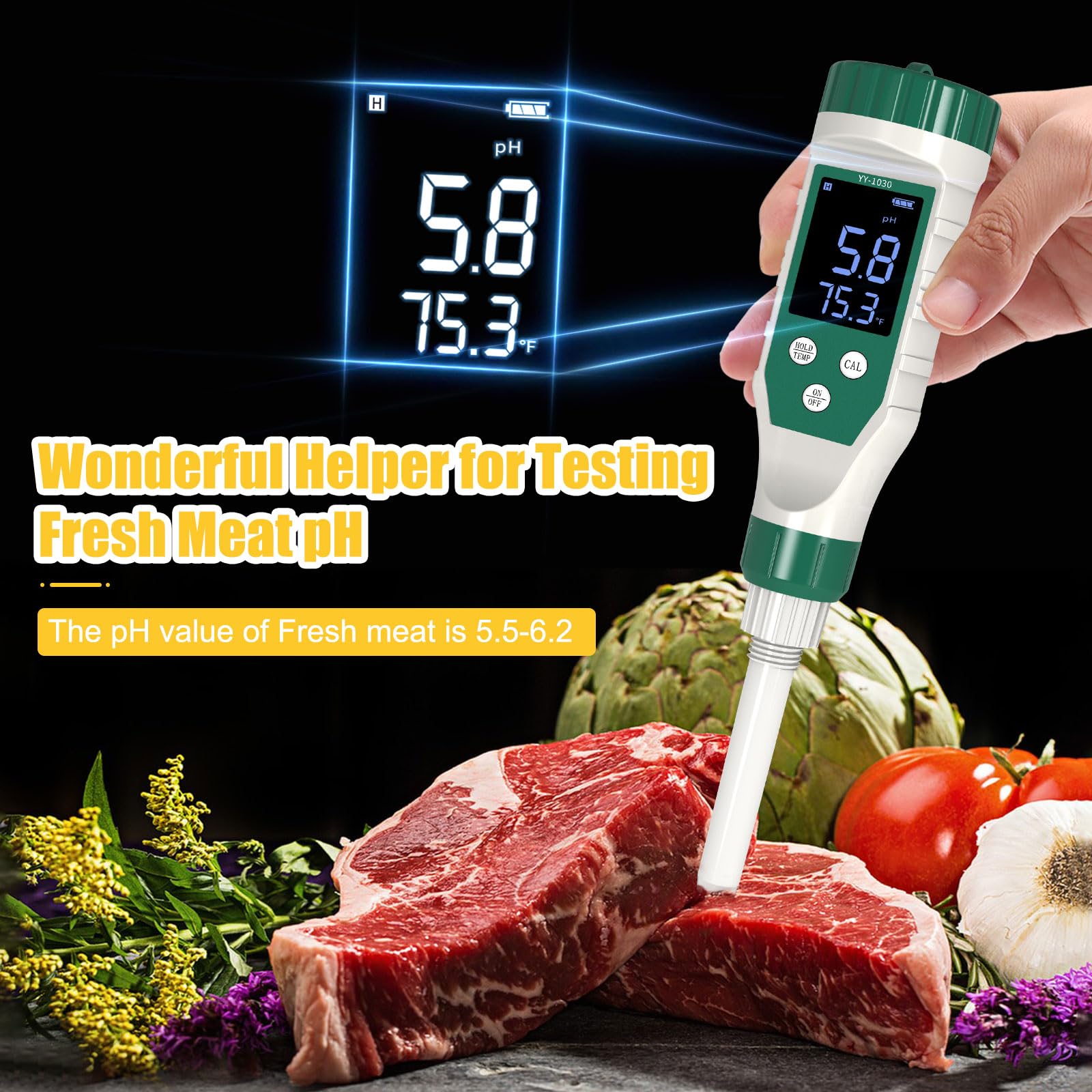 Yewhick Digital pH Meter for Food, Food pH Tester with High Accuracy pH Probe for Sourdough and Bread, Food pH Meter for Canning, Meat, Cheese, Solid Samples and Water, 0.01 Resolution