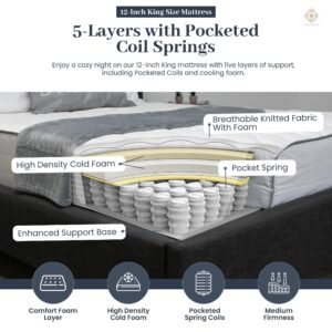 Aylas Furniture King Mattress– 12 Inch Hybrid King Size Mattress with Pocketed Coil Spring with High Density & Comfort Cold Foam - Eco-Friendly, Breathable Mattress King Size Medium Firmn