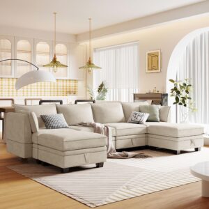 p purlove modern large sectional sofa, u-shape modular sectional sofa with storage function and 2 pillows, convertible sofa bed with reversible chaise for living room, beige