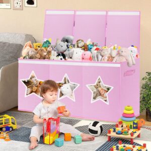 Xmasorme Extra Large Toy Box Chest, Toy Storage Organizer Bins with Transparent Windows, Foldable Storage Box for Kids,Boys,Girls,Toddler,Nursery Room,Playroom(Light Pink Star)