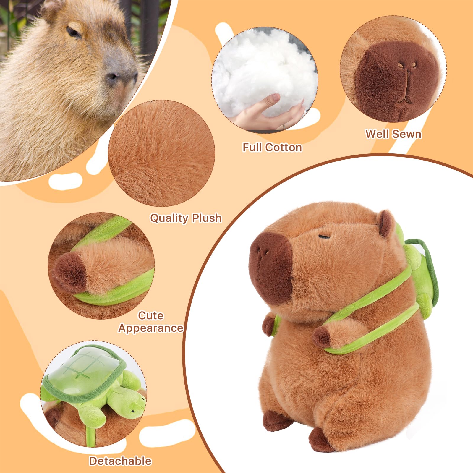 EASELR 12inch Cute Capybara Plush with Turtle Backpack, Capybara Stuffed Animal Soft Capybara Plushies Toy Capybara Doll Pillow Birthday for Kids (with Bag)