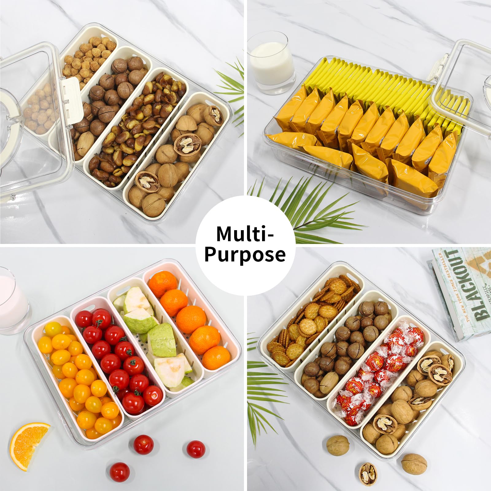 Yuroochii Divided Serving Tray Fresh-keeping Box with Lid&Handle, 4 Compartments Snacks Box, Snack Fruit Tray, Veggie Tray, Portable Snack Platter for Candy Fruits Nuts Snack Party Entertaining Picnic