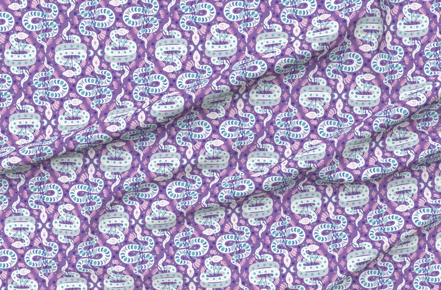 Spoonflower Fabric - Flowers Snakes Stars Floral Purple Damask Reptile Printed on Petal Signature Cotton Fabric Fat Quarter - Sewing Quilting Apparel Crafts Decor