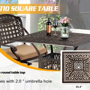 USSerenaY 5-Piece Outdoor Dining Set Cast Aluminum Patio Furniture Set All-Weather 4 Chairs and Dining Table with Umbrella Hole for Garden, Backyard (Braided+Khaki Cushion, Square Table)