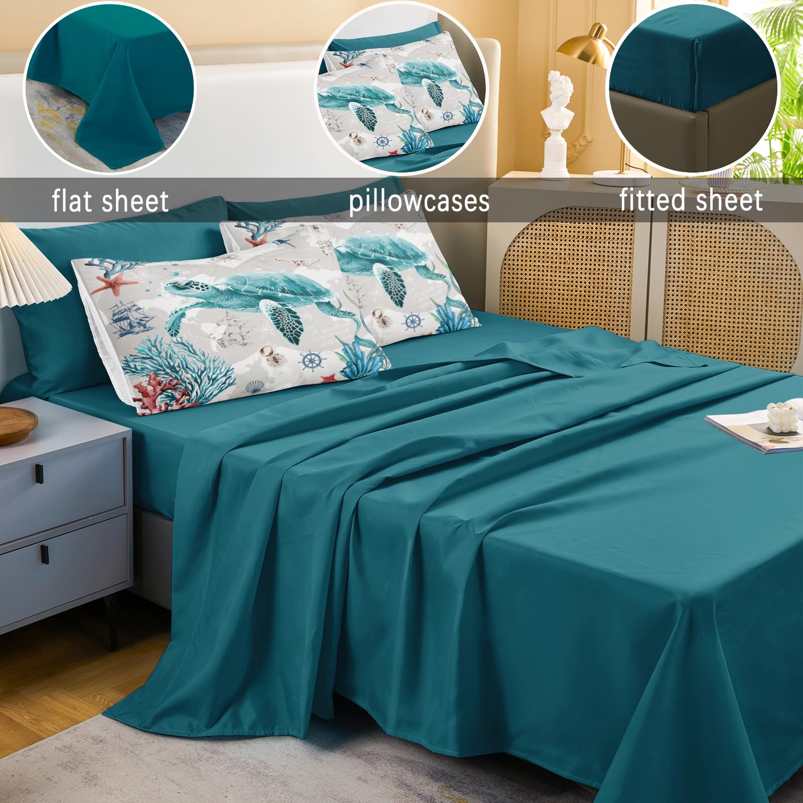 Bedbay 8 Pieces Nautical Bedding Sea Turtle Queen Comforter Set with Sheets Turquoise Comforter Retro Style Teen Girls Boys Turtle Bedding Set Ocean Themed Soft Fluffy Bed Set(Ocean,Queen)