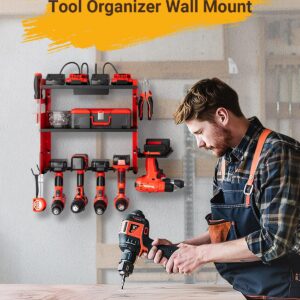 Dunatou Adjustable Power Tool Organizer Wall Mount with Charging Station, 6 Drill Holder & 4 Outlet, Wood Garage Tool Organizer Wall Mount Power Tool Rack with Hooks, Gift for Men