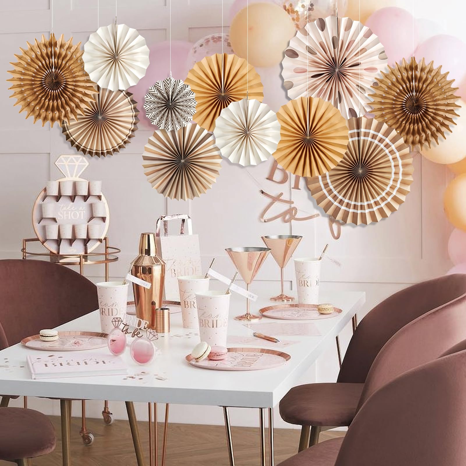 SUNBEAUTY 11 PCS Paper Fans Decorations Brown Party Decorations Natural Party Decorations Rustic Birthday Decorations Boho Party Decorations for Birthday Wedding Bridal Shower Baby Shower