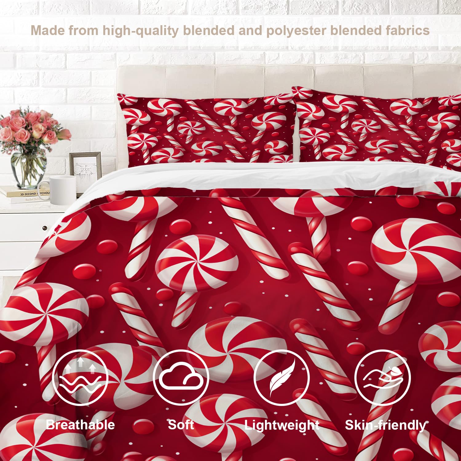 BaoNews Candy Cane Candle Duvet Cover Set Full Size,3 Pieces Winter Red Christmas Candy Bedding Set Hotel Quality 100% Cotton Comforter Cover Set with 2 Pillowcases(No Filler)