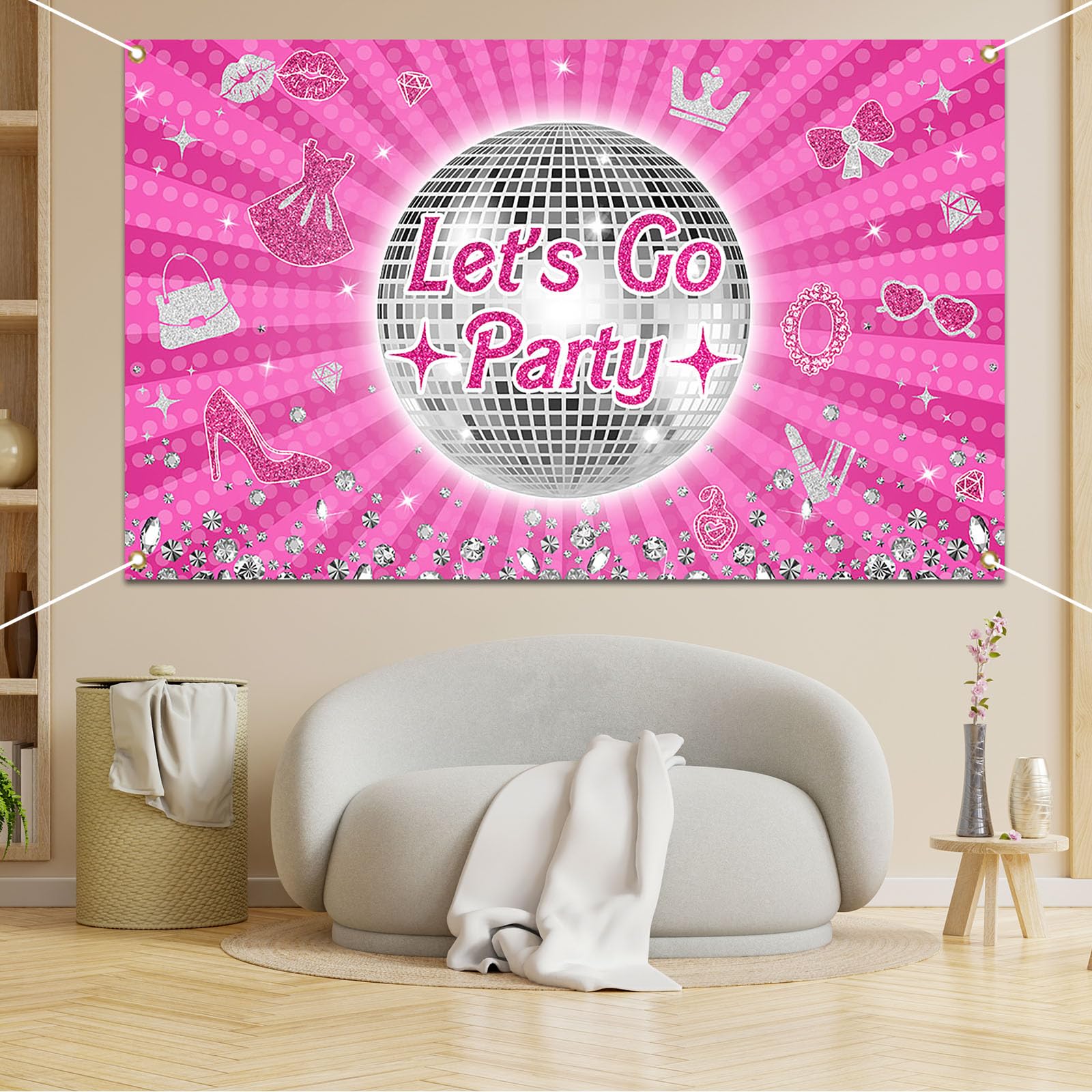 Avezano Let's Go Party Banner Princess Theme Birthday Backdrop Hot Pink Bridal Shower Bachelorette Background for Girls Women Disco Birthday Party Supplies Banner 70.8x43.3