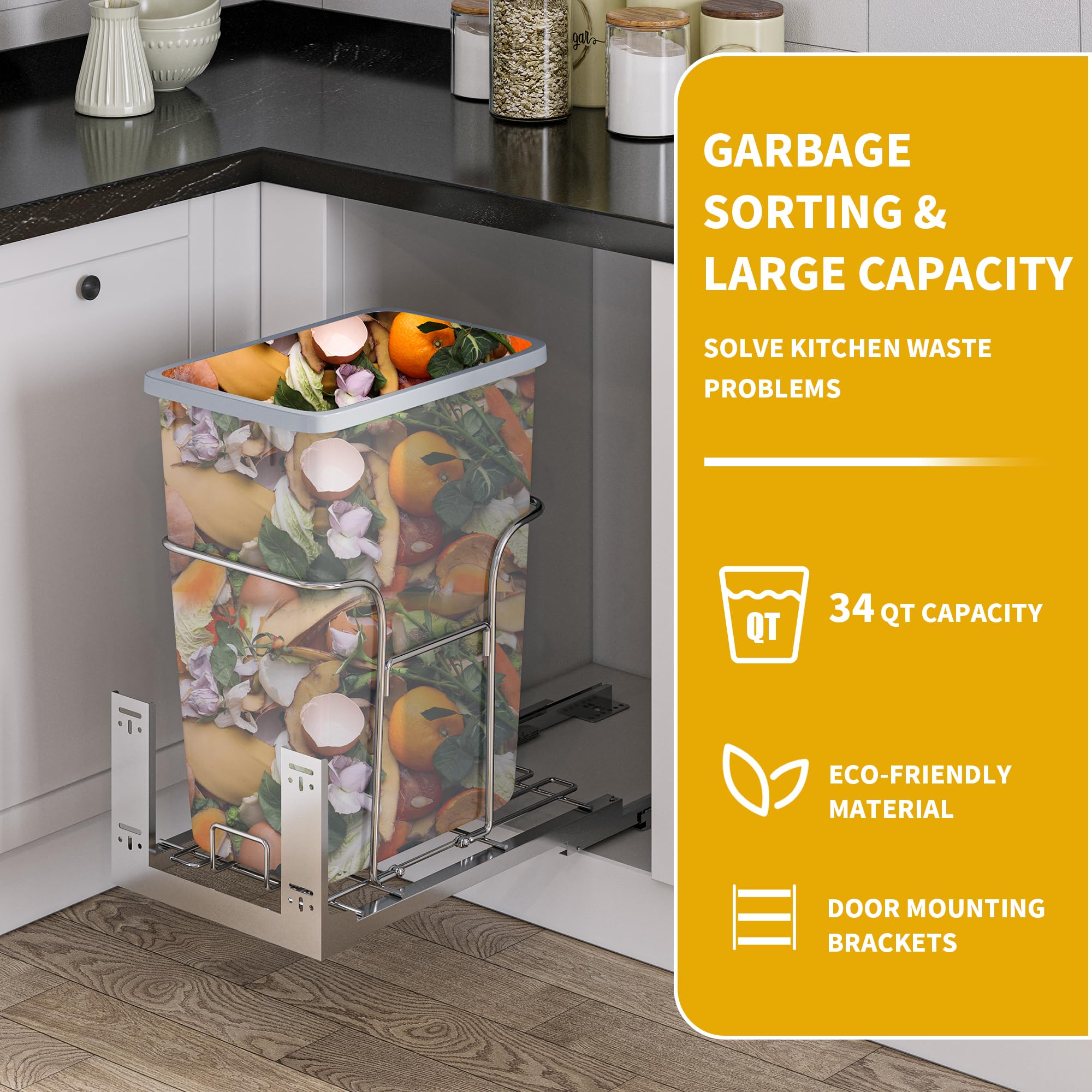 34-Quart Pull-Out Trash Can with Soft Close and Lid for 14.2" W x 22" D x 24.8" H Min Cabinets, Sliding Under Mount Kitchen Pullout Waste Container Trash Can, Gray