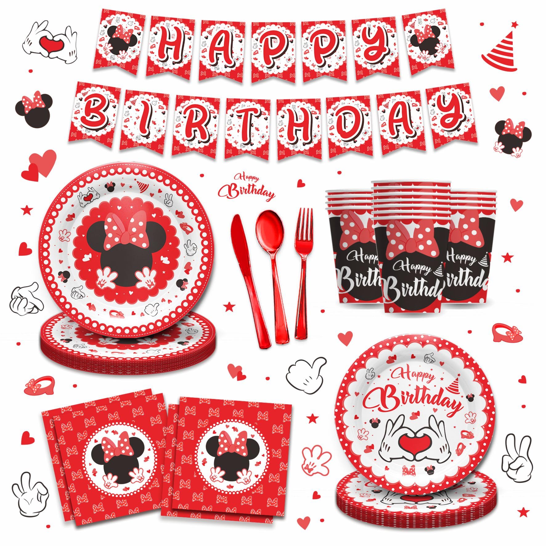 Piooluialy Red Minnie Birthday Party Supplies Tableware - Minnie Themed Party Decorations Include Banner, Dinner Plates, Cups, Napkins, Cutlery, for Minnie Birthday Party Decorations | 24 Guests