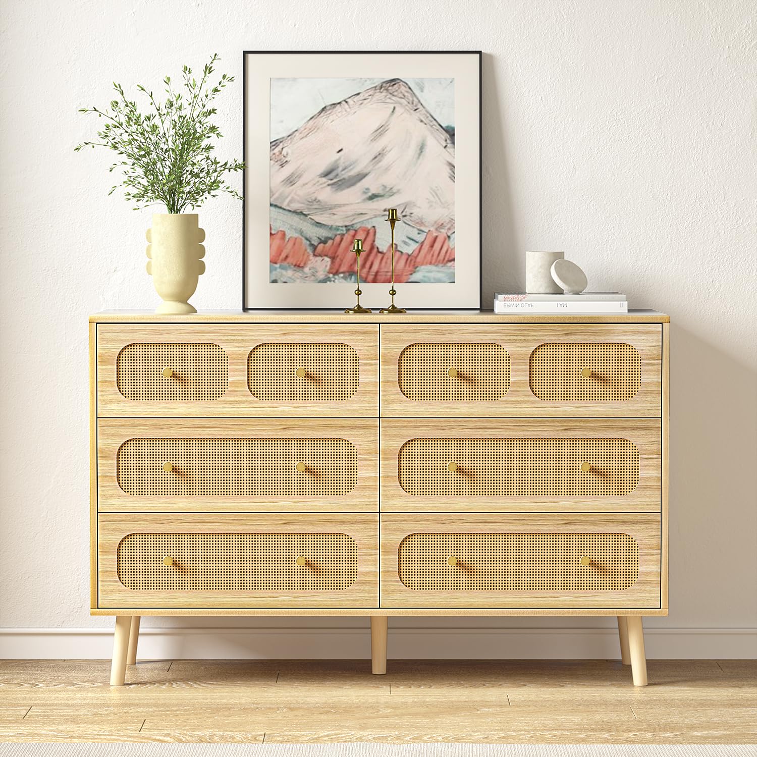 HOUROM Rattan Dresser for Bedroom, Modern 6 Drawer Double Dresser with Gold Handles, Natural Wood Storage Dressers & Chests of Drawers, 6 Drawer Dressers