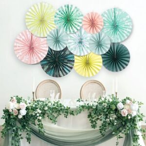 SUNBEAUTY 11 Pcs Sage Green Paper Fans Decoration Ceiling Decor Leaves Paper Fans Decoration Boho Classroom Decor Hanging Paper Fans Decor for Wedding Bridal Birthday Baby Shower