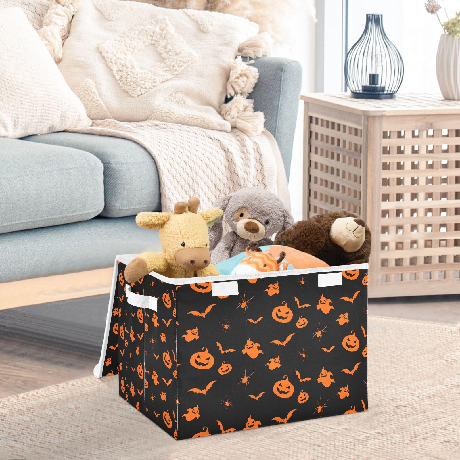 Ruhho Halloweens-pattern-orange-black Fabric Decorative Storage Box Cube with Lids and Handle, Collapsible Storage Boxes for Home Bedroom Closet Office.