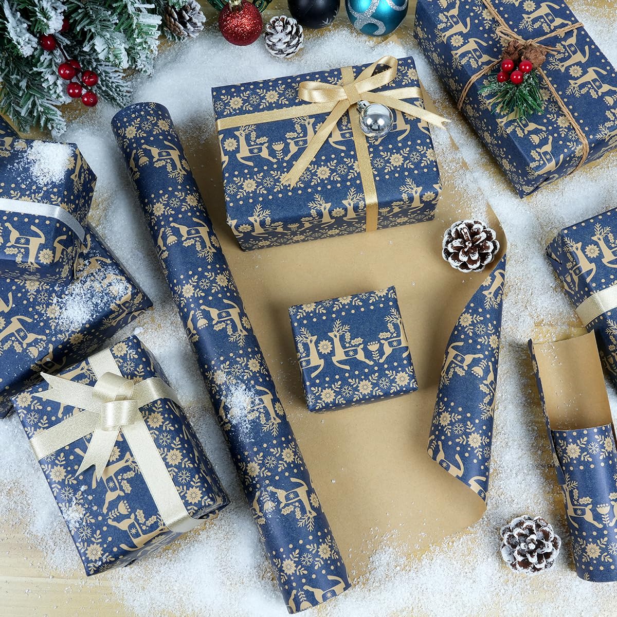 Christmas Wrapping Paper Roll, Navy Blue Kraft Wrapping Paper, 17 Inch x 49 Feet, Snowflake, Xmas Floral and Reindeer Design Gift Wrapping Paper for Xmas New Year Winter Holiday (69.4 sq.ft.ttl)