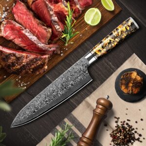 SharpLyfe Japanese Damascus Steel Chef Knife - Gold Foil & Carbon Fiber Handle - Razor Sharp Blade - Kitchen Knife with Secure Finger Guard - Chef Knife for Professional Grade - Size 7.79 Inch