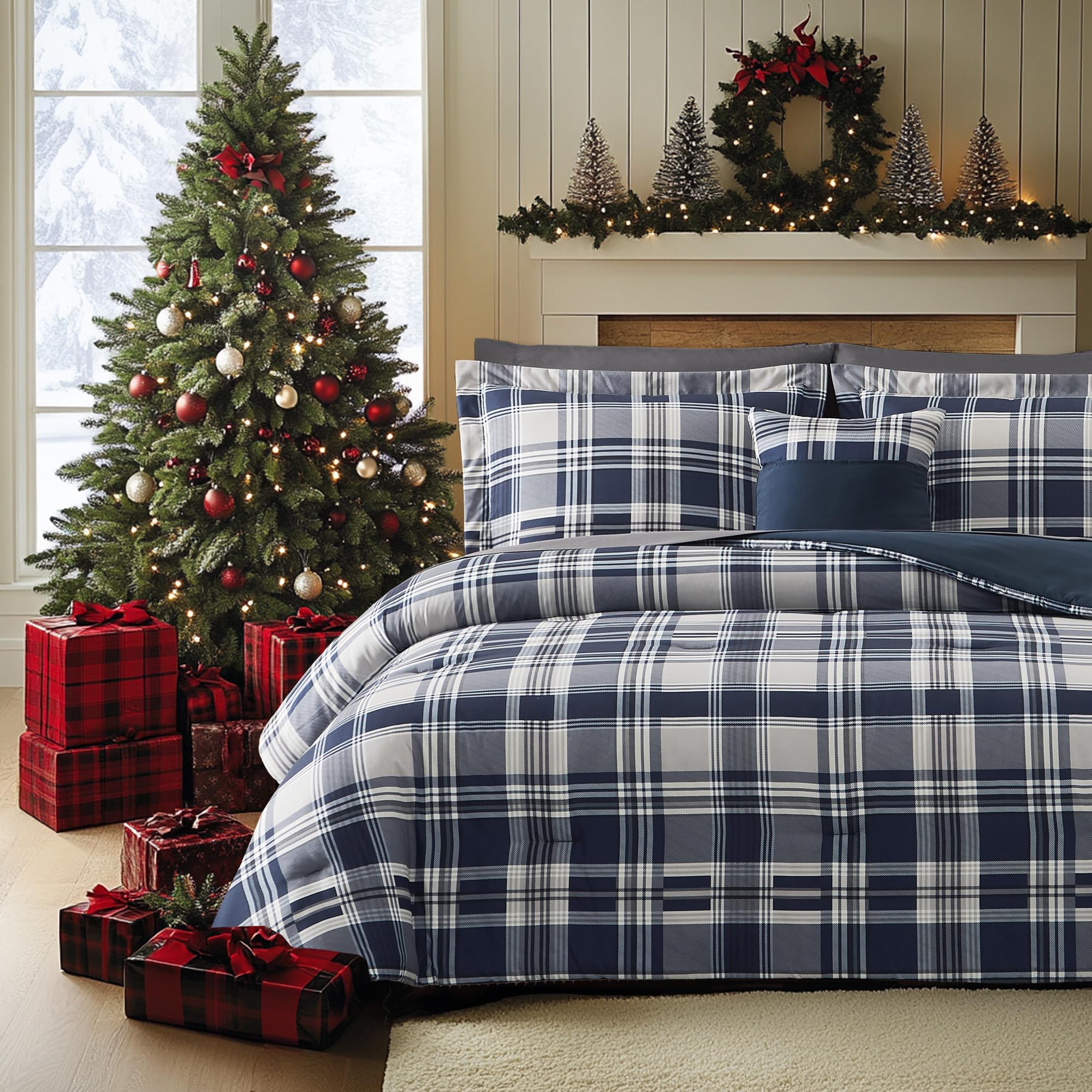 MAIREVE Navy Blue Twin XL Comforter Set, Twin XL Bedding Sets for Boys Girls 5 Pieces for Dorm Farmhouse All Season Lightweight &Comfy with Fitted Sheet, Flat Sheet (Navy Blue, Twin XL, 66"x90")