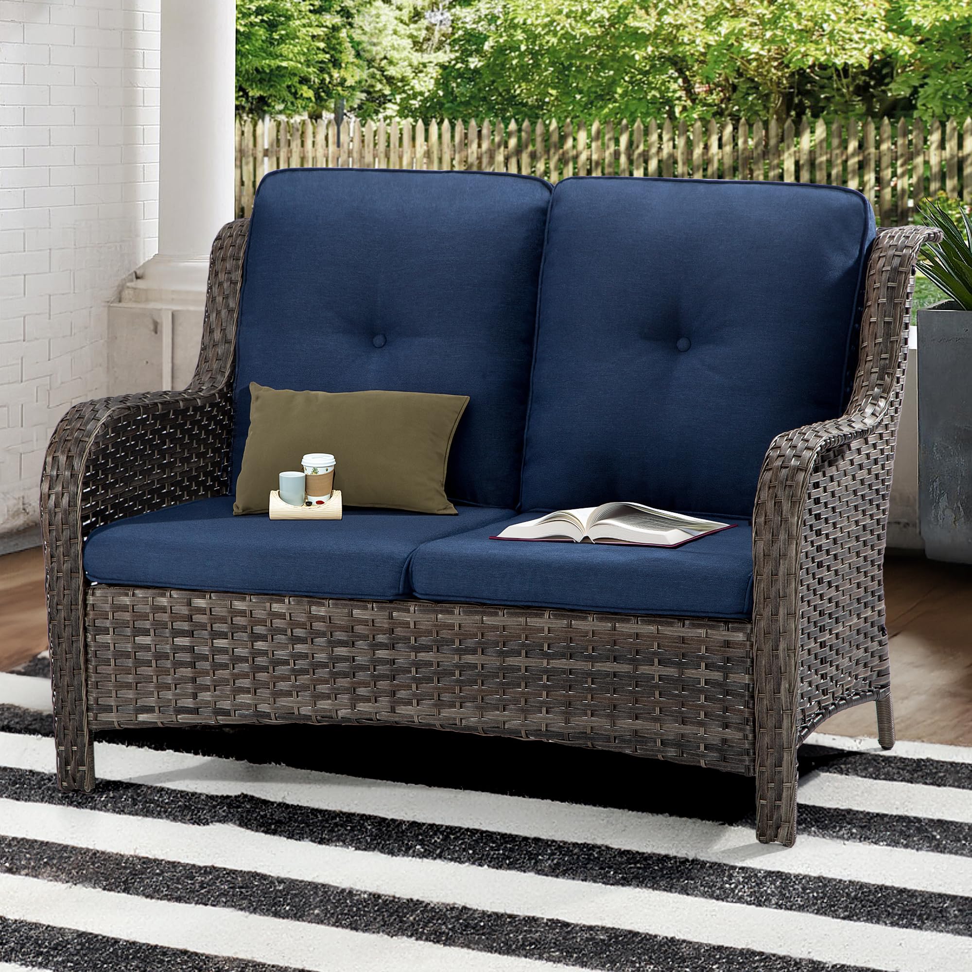 Joyside Outdoor Patio Wicker Loveseat Sofa - 2-Seater Rattan Sofa for Outside Patio Garden with Deep Seating and Olefin Cushions(Mixed Grey/Blue)