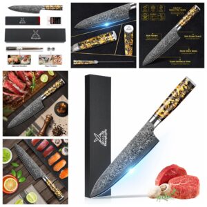 SharpLyfe Japanese Damascus Steel Chef Knife - Gold Foil & Carbon Fiber Handle - Razor Sharp Blade - Kitchen Knife with Secure Finger Guard - Chef Knife for Professional Grade - Size 7.79 Inch