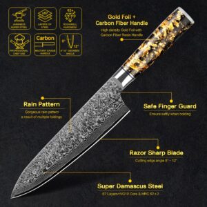 SharpLyfe Japanese Damascus Steel Chef Knife - Gold Foil & Carbon Fiber Handle - Razor Sharp Blade - Kitchen Knife with Secure Finger Guard - Chef Knife for Professional Grade - Size 7.79 Inch