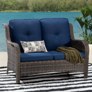 Joyside Outdoor Patio Wicker Loveseat Sofa - 2-Seater Rattan Sofa for Outside Patio Garden with Deep Seating and Olefin Cushions(Mixed Grey/Blue)