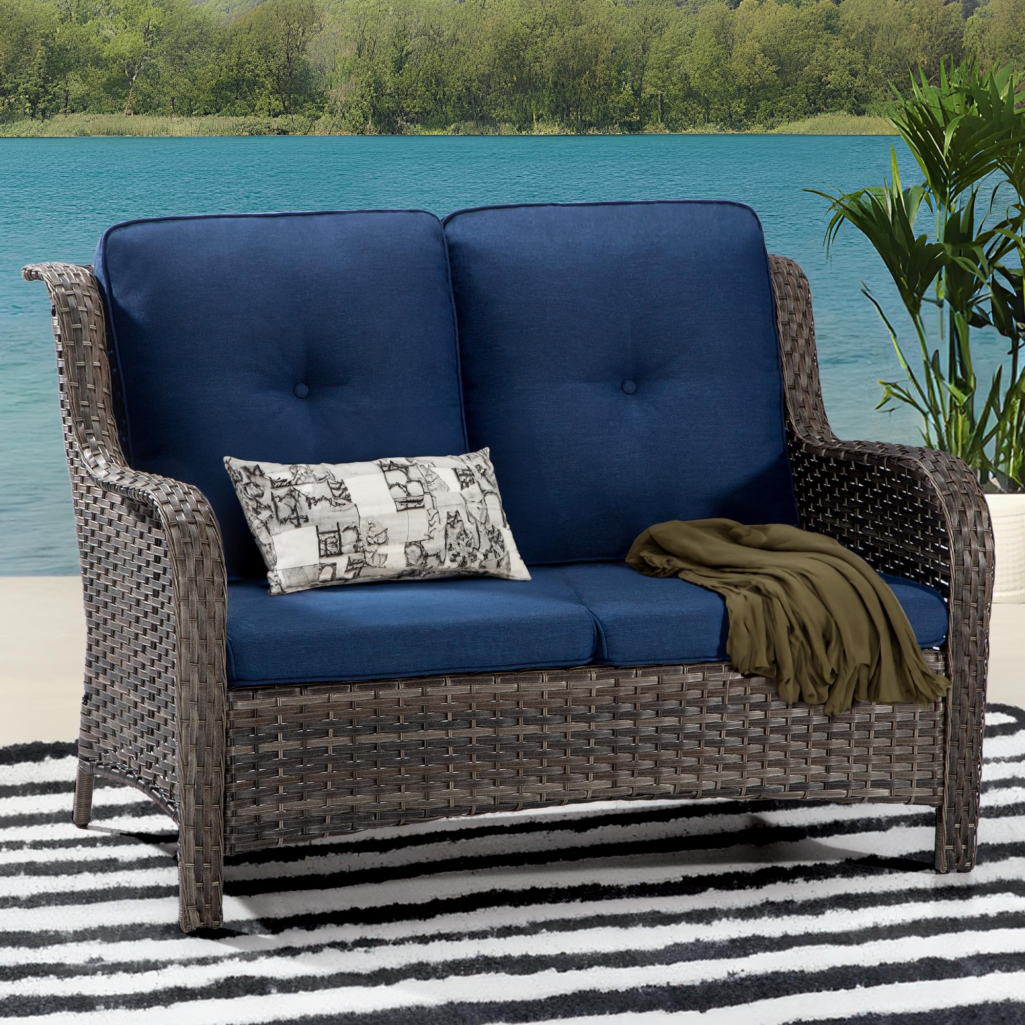 Joyside Outdoor Patio Wicker Loveseat Sofa - 2-Seater Rattan Sofa for Outside Patio Garden with Deep Seating and Olefin Cushions(Mixed Grey/Blue)