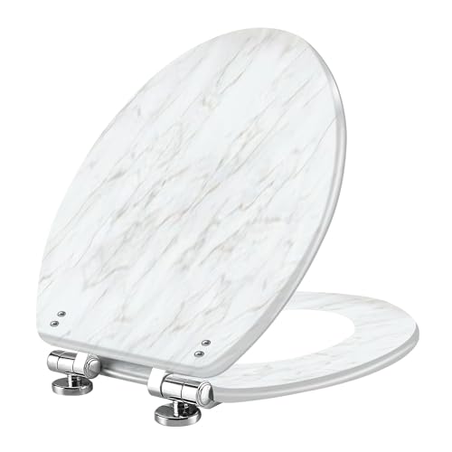 3D horizontal elegant white marble texture background Resin Elongated Toilet Seat with Cover Quiet Close Quick Release Hinges Decorative Toilet Seat Easy to Clean Install Home Decor