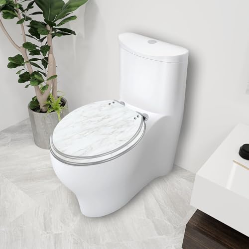 3D horizontal elegant white marble texture background Resin Elongated Toilet Seat with Cover Quiet Close Quick Release Hinges Decorative Toilet Seat Easy to Clean Install Home Decor