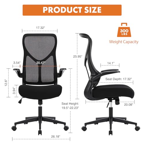 Sweetcrispy Ergonomic Office Desk Computer Chair, Comfy High Back Swivel Rolling Home Mesh Gaming Chairs with Wheels, Lumbar Support, Flip-up Arms,120°tilt for Bedroom, Study, Work, Black