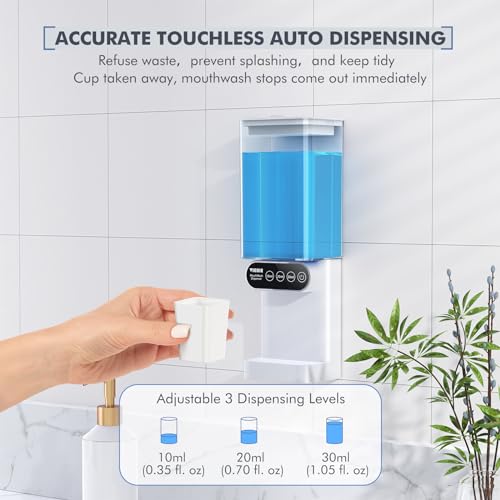 Automatic Mouthwash Dispenser for Bathroom-24.6FlOz 3 Adjustable Dispensing Levels MouthWash Dispenser for Bathroom Accessories with Magnetic Cups & Organizer, for Both All Age Groups Oral Care, White