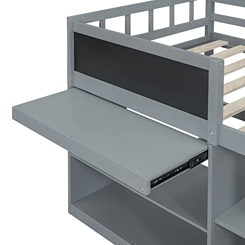 BOVZA Twin Size Low Loft Bed with Rolling Desk and Storage Shelves, Wooden Loft Bed Frame with 2 Drawers and Chalkboard for Kids Teens Boys Girls, Gray